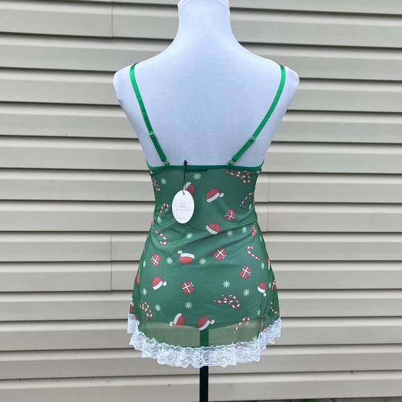 NWT Green Christmas Print Lingerie Santa Lace Babydoll Chemise Sleepwear - Picture 10 of 13